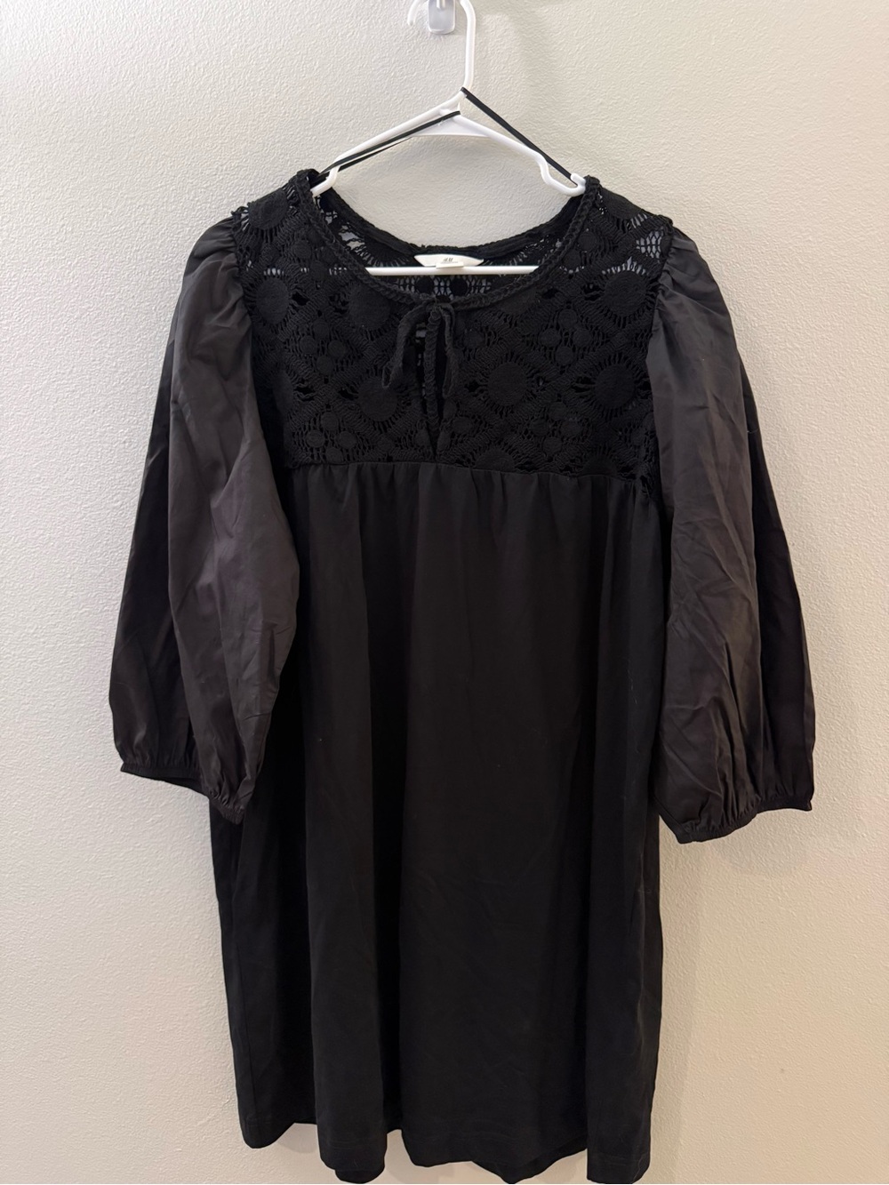 H&M Black Crochet Yoke Puff Sleeve Dress